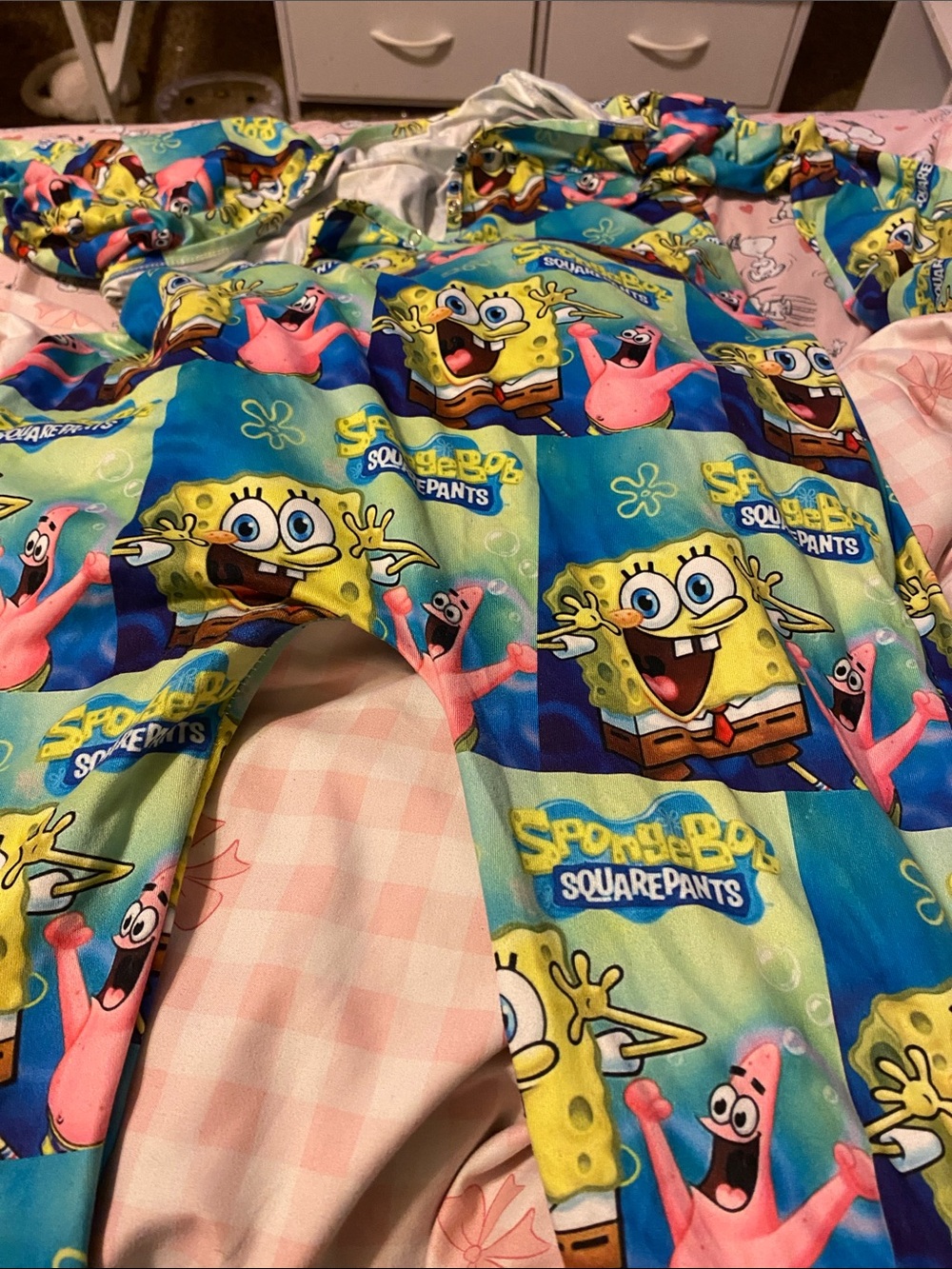 SpongeBob Squarepants Cartoon Patchwork Pants in Yellow, Blue, Pink
